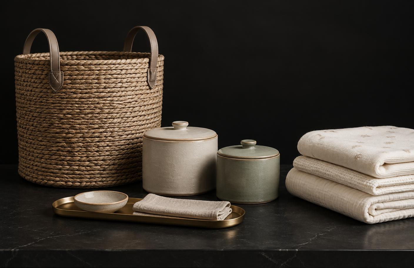 A woven nursery basket, lidded stoneware boxes and folded baby linens on dark stone