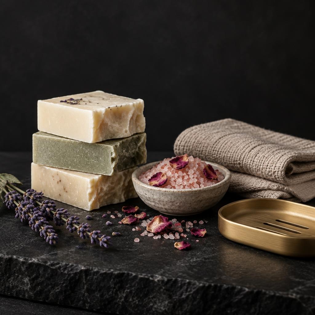 Stacked handmade soap bars beside a dish of rose bath salts and a linen cloth