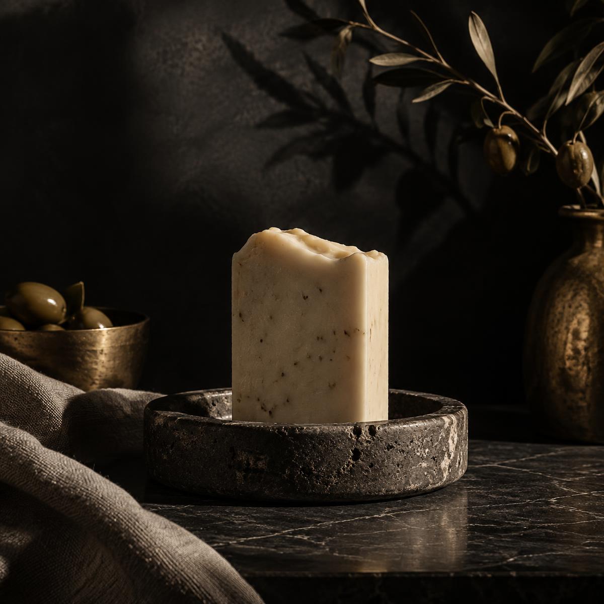 A single handmade soap bar standing on a dark stone dish