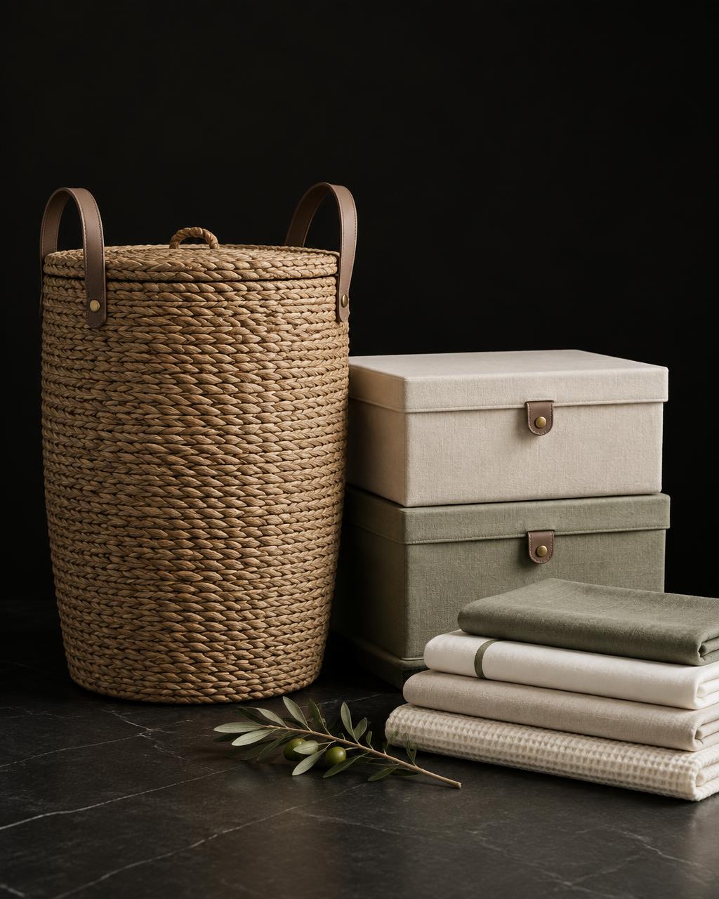 A woven laundry hamper with leather handles beside stacked lidded storage boxes and folded linens