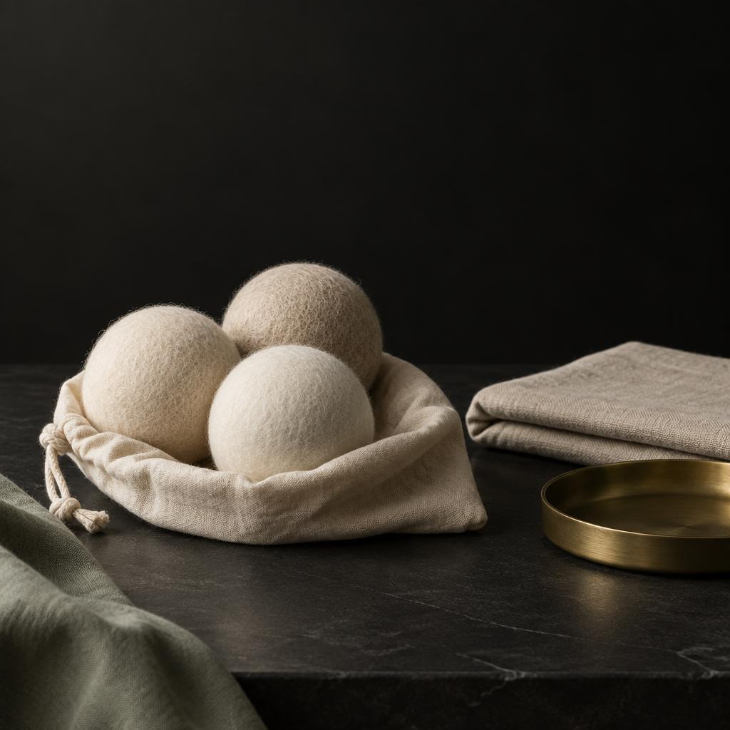 Three organic wool dryer balls resting in a natural cotton muslin pouch on matte black stone