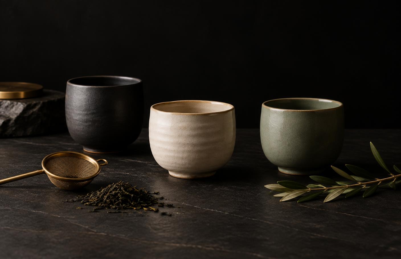 A curated collection of charcoal, ivory and sage specialty tea cups