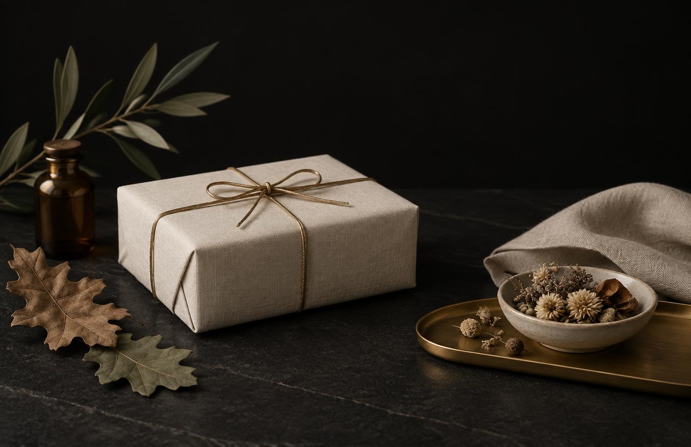 A linen-wrapped seasonal ritual box tied with a gold cord, beside autumn oak leaves and dried botanicals