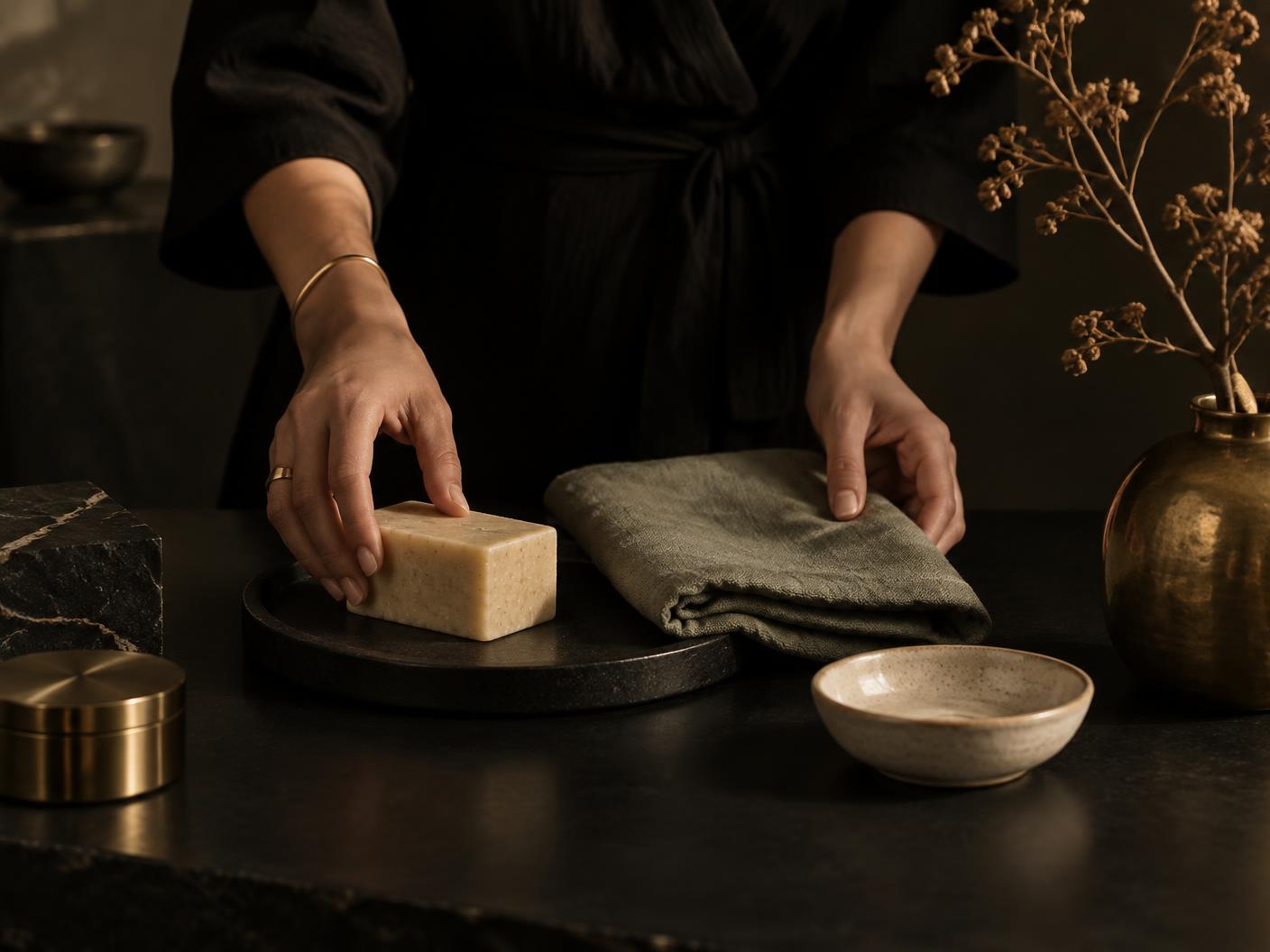 Hands arranging a soap bar, a folded linen cloth and a ceramic dish